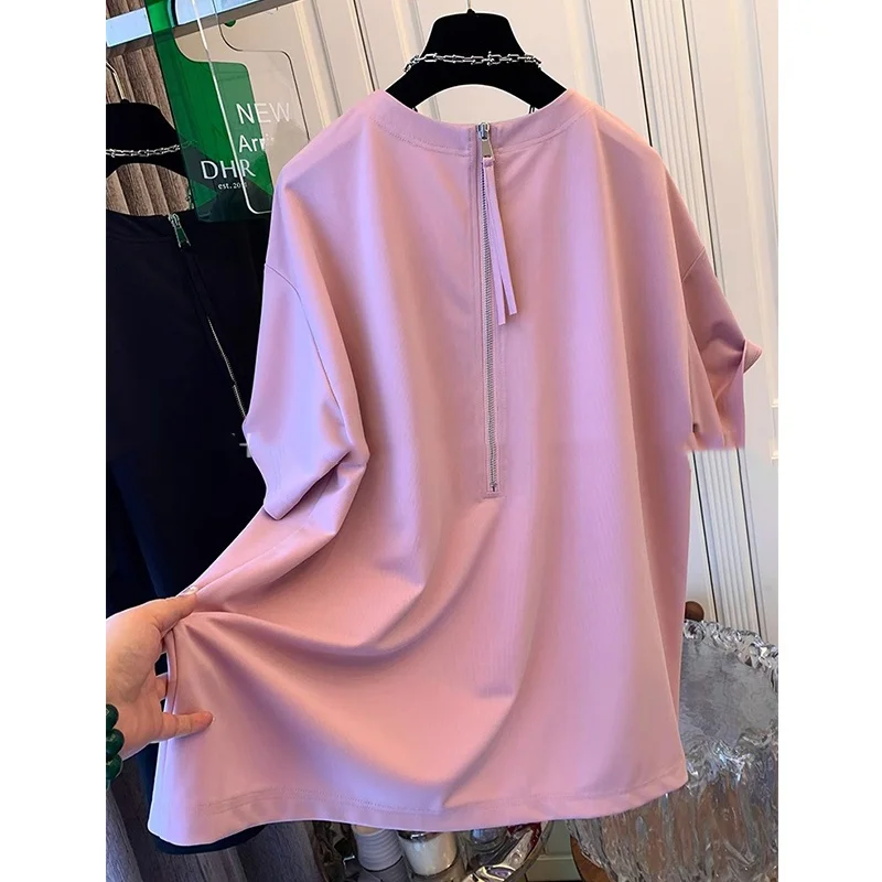 

plus Size Women's T-irt Korean Sle Loose Casual ort Sve Zipper Design Summer Trendy Meat Concealing Top