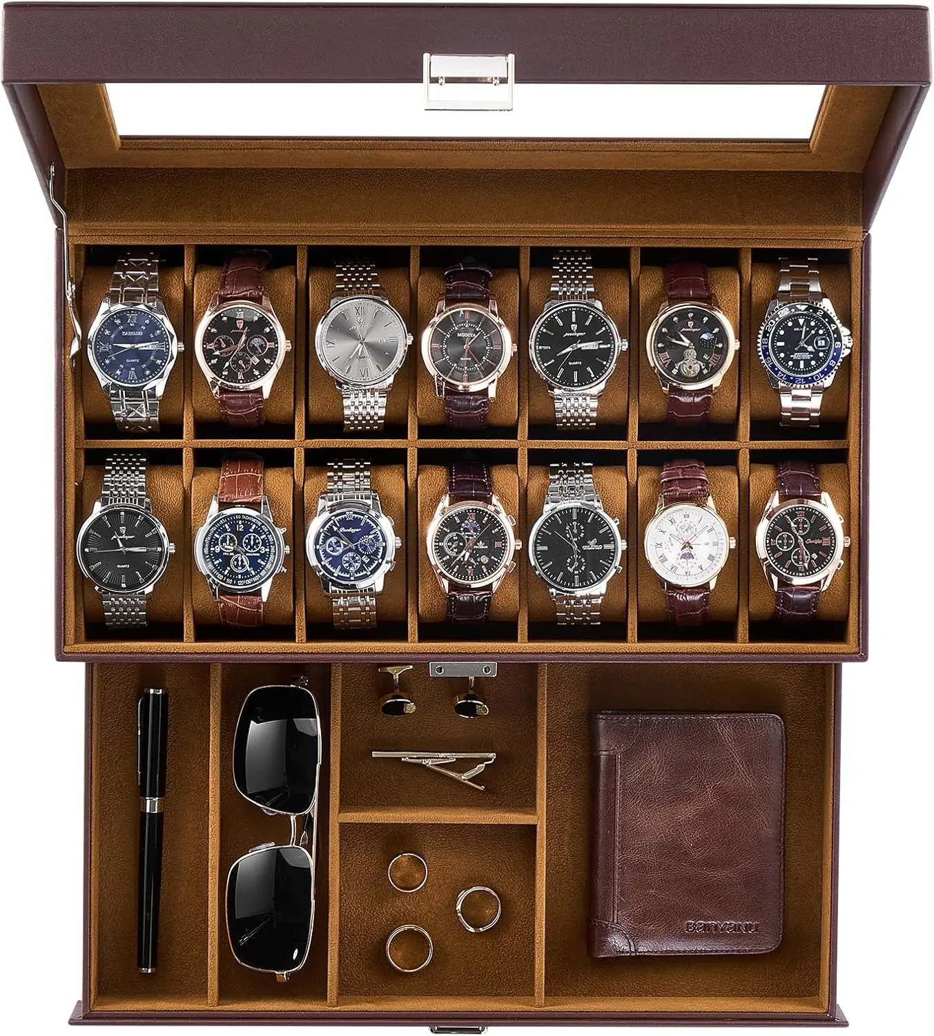 

14-Slot Watch Display Case with Glass Lid and Drawer, Men's Jewelry Storage Organizer, Perfect Gift for Him