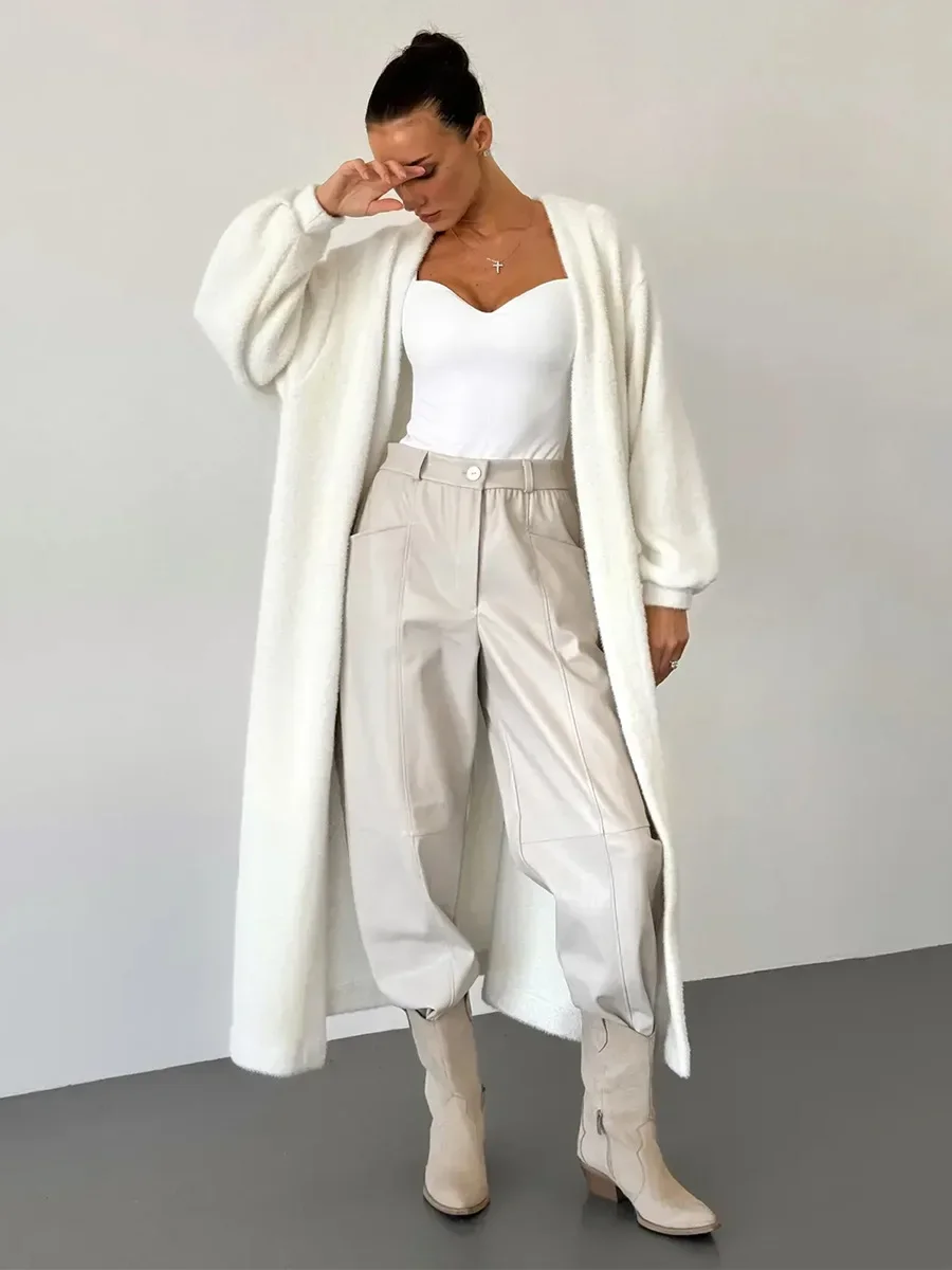 

Autumn Winter New Women's Belted knitted Sweater Cardigan Lantern Sleeve Extended Jumpers Length Coat