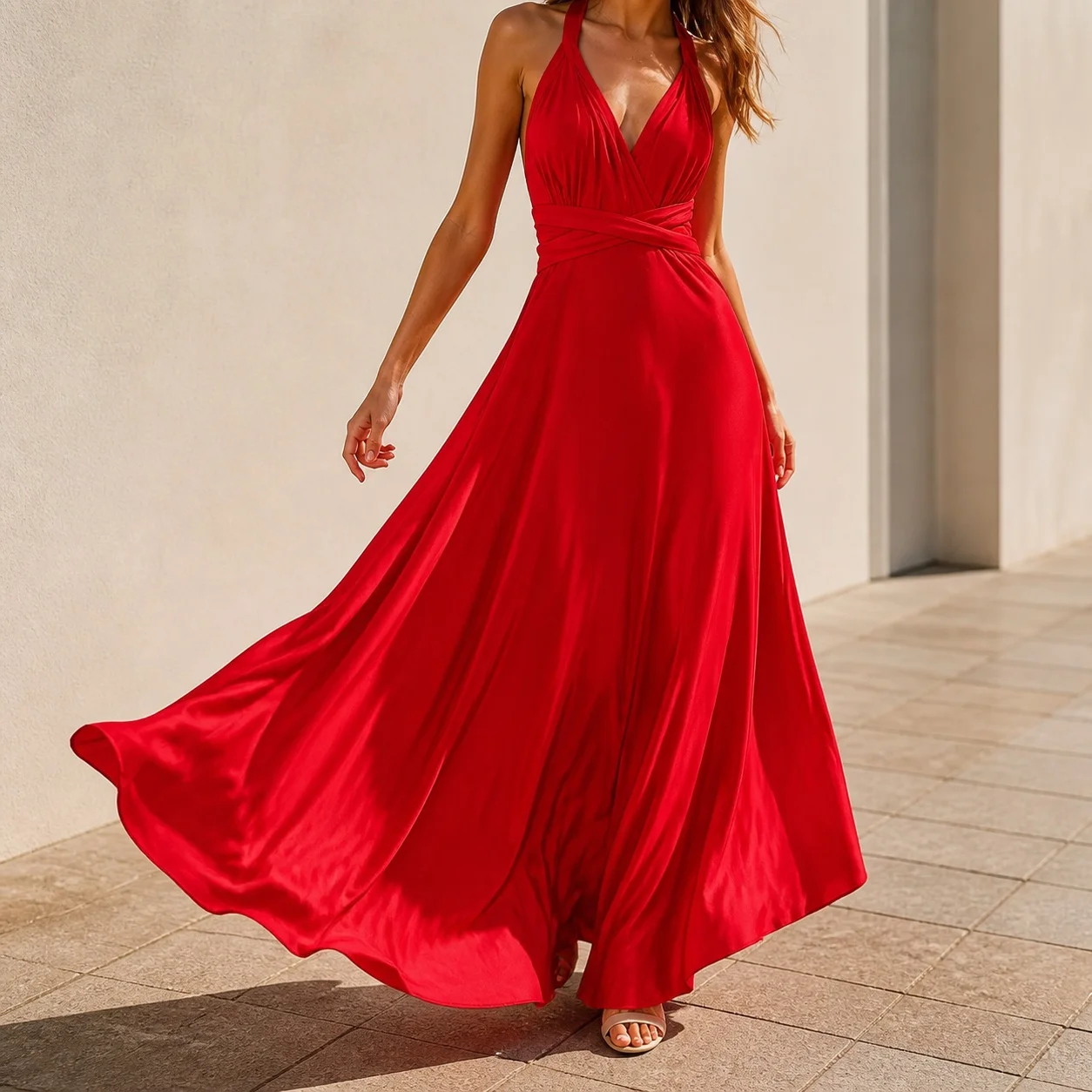Women's Sleeveless Solid Color Crossover Tie Elastic Waist Midi Bodycon Dress for Wedding Guest Party Prom Bridesmaid Banquet