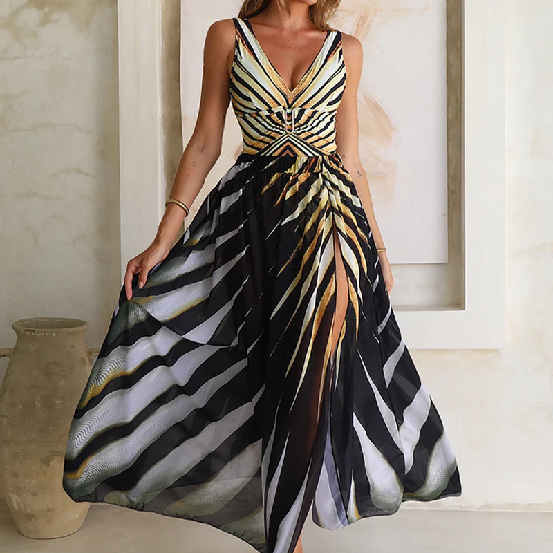 2025 nueva moda mujer cuello pico estampado de rayas de tigre traje de baño de una pieza falda verano ahueca hacia fuera vestidos de vacaciones sin espalda traje de baño