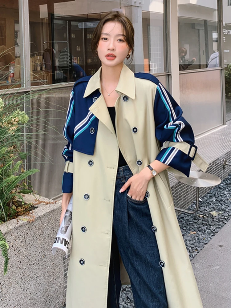 LANMREM Korean Striped Stitching Trench Coat Women\'s Lapel Double Breasted Color Block Belt Windbreaker Coat 2024 Autumn 2Z2397