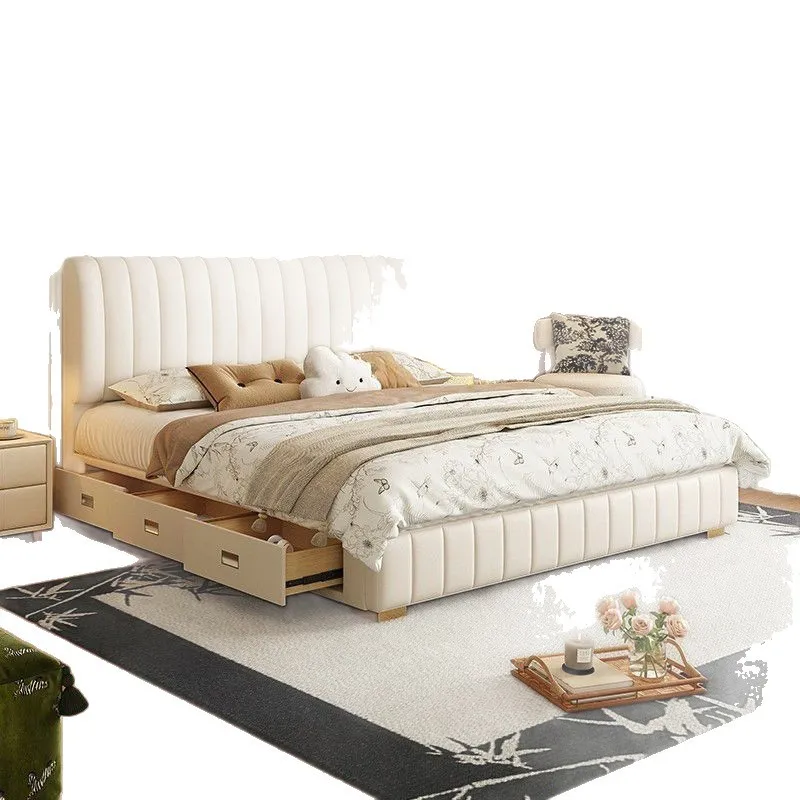 Simple cream modern piano leather small apartment master bedroom translation double storage wedding bed high box storage storage