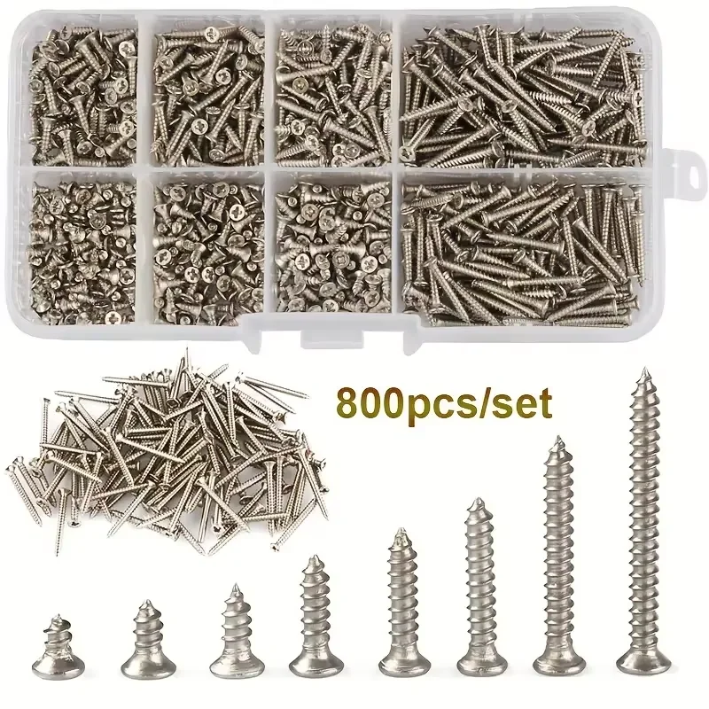 Set di 800 viti autofilettanti per legno M2 con testa piatta Phillips, viti per lamiera, dadi autobloccanti e chiodi filettati per legno