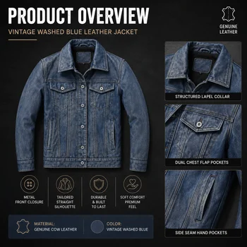 Men's Motorcycle Leather Jacket Light Blue Ami Khaki Retro Graphite Distressed Denim Genuine Leather Jacket Slim Short Jacket 2