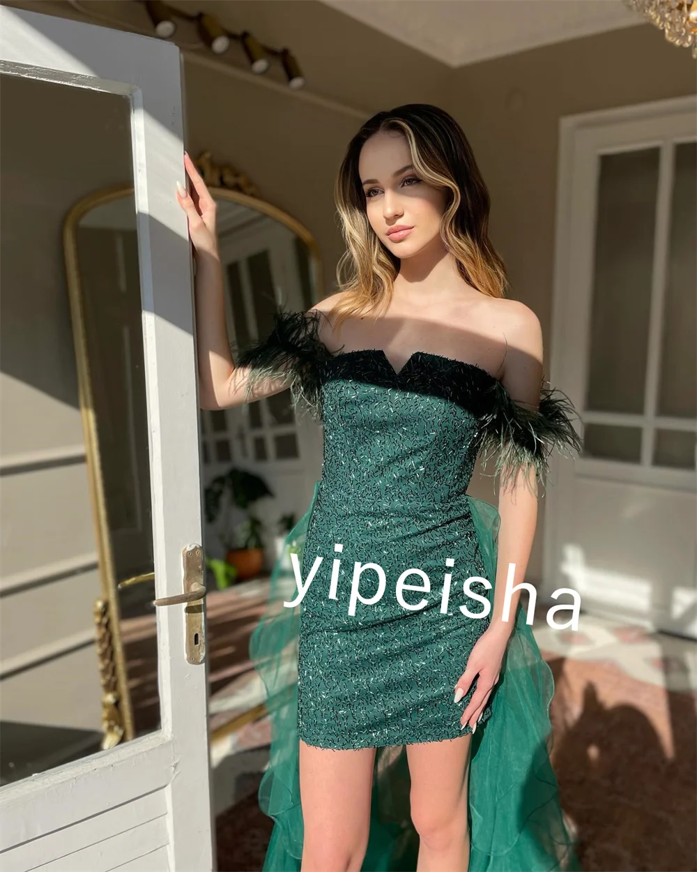 Customized Elegant Jersey Sequined Feather Ruched A-line Off-the-shoulder Long Dresses Prom Dresses Exquisite High Quality Sexy 