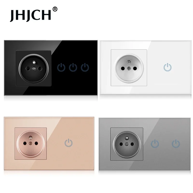 

JHJCH touch sensor switch with French standard socket glass panel 110~250V 16A 146*86 wall socket with light switch 1/2/3Gang 1W