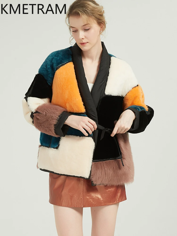 KMETRAM 100% Natural Sheepskin Wool Fur Coats Peacock Blue Woman Clothing Mid Length Winter New Outerwears 2025 fourrures femmes