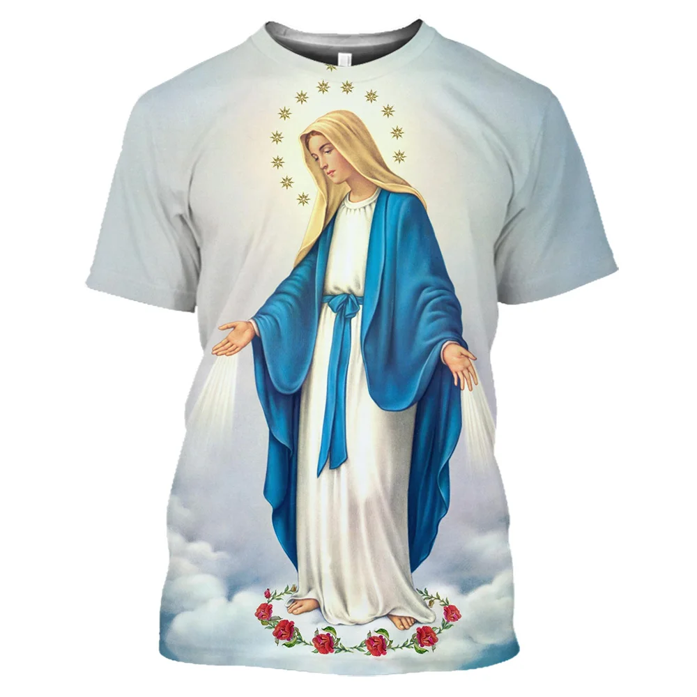 Fashion T-Shirt for Women 3D Print Catholic Virgin Mary Pattern Round Neck Short Sleeve Tees Y2k Casual Retro Streetwear Tops