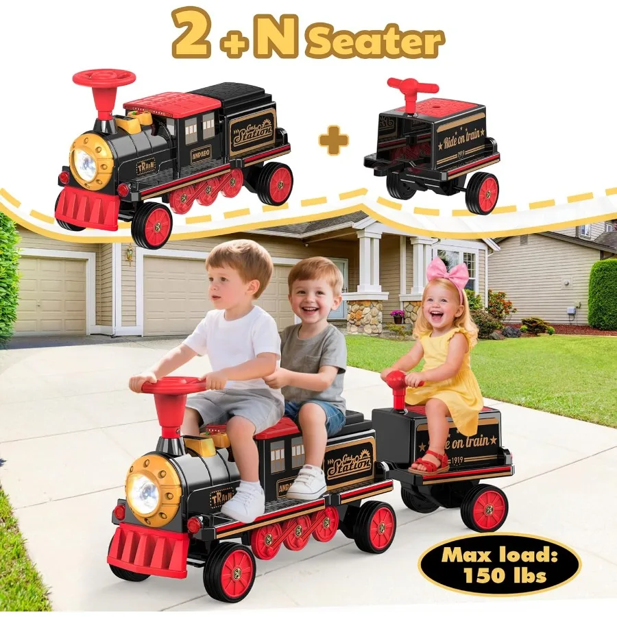 2인승 무궤도 기차, 높이 조절 가능한 시트가 있는 12V 어린이용 자동차, 추가 수납공간, 헤드라이트 (캐리지 미포함)