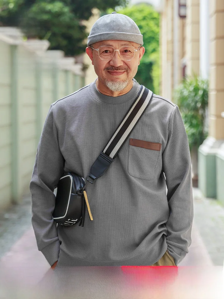 

Loose Fit Long Sve round Ne T-irt for Dad Autumn Wear Comfortable Breathable Cotton Polyester Blend Men's Faion Urba...