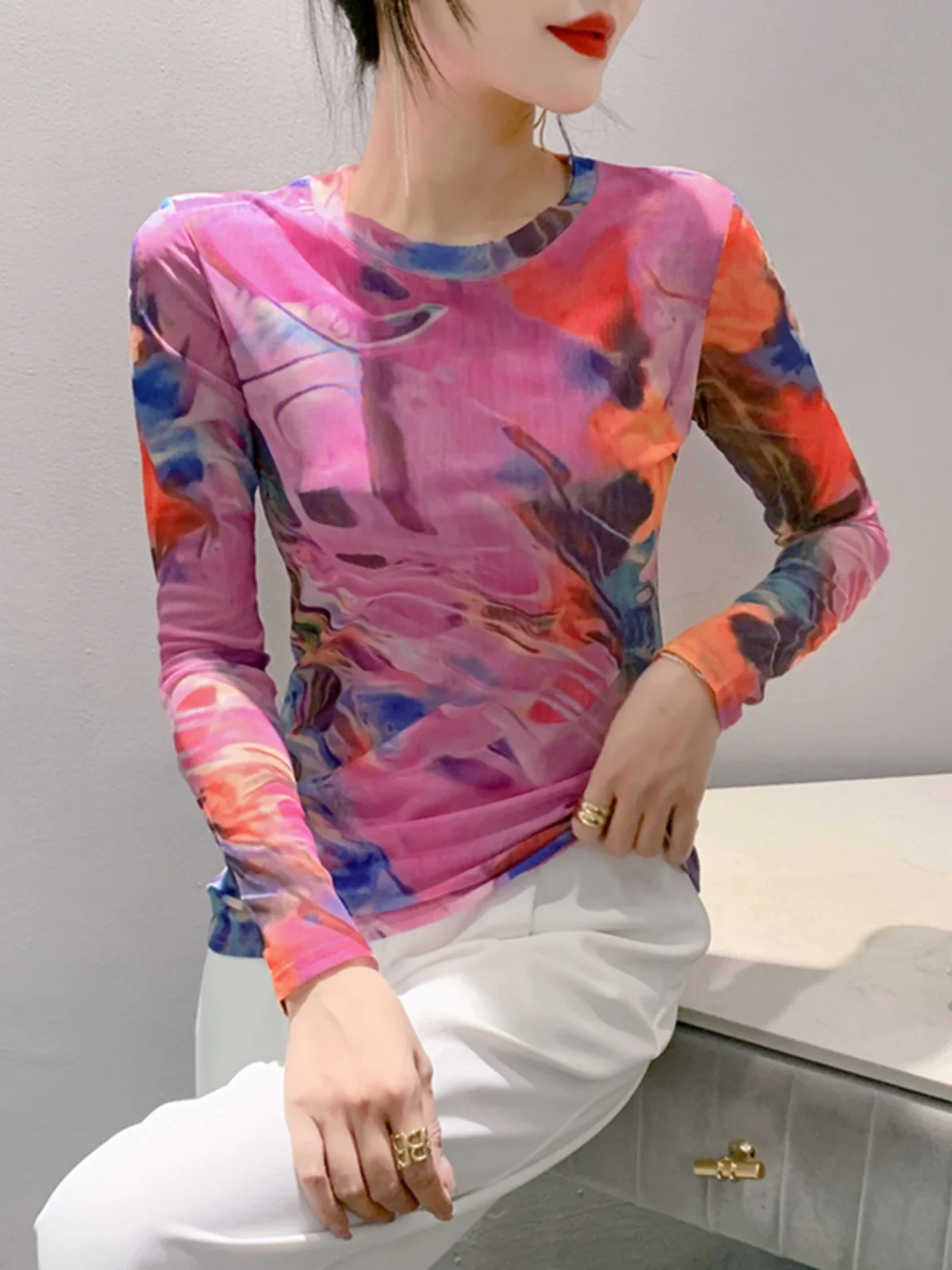 S-3XL Stretchy Mesh Tee TShirt Women O-Neck Full Sleeve Printing T-shirts Female Elegant High Stretch Slim Top