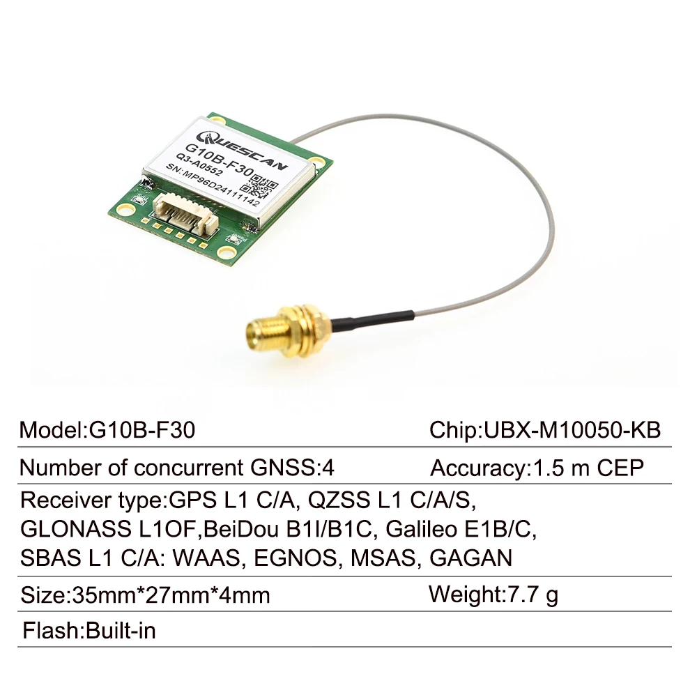 Modulo GPS QUESCAN G10B-F30 M10 con antenna attiva GPS Galileo GLONASS BeiDou Ricevitore GNSS Protocollo NMEA0183 UBX 1-25Hz