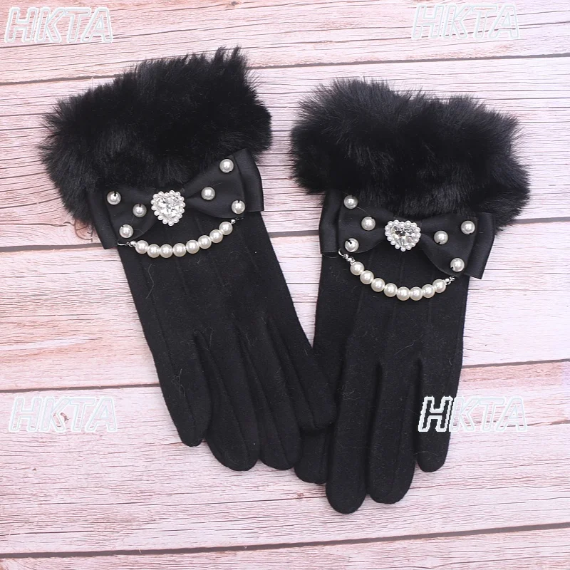 Handmade Japanese Sweet Fluffy Handmade Beaded Bow Gloves Women Autumn Winter New Kawaii Lolita Warm Finger Gloves Touchscreen