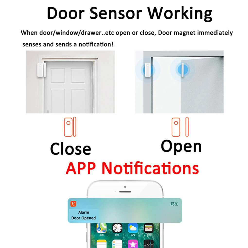 Tuya-Sensor de Porta Sem Fio, Notificação de Aplicativo, Operado por Bateria, Dupla Face, Alarme Anti-roubo, Sensores de Bloqueio