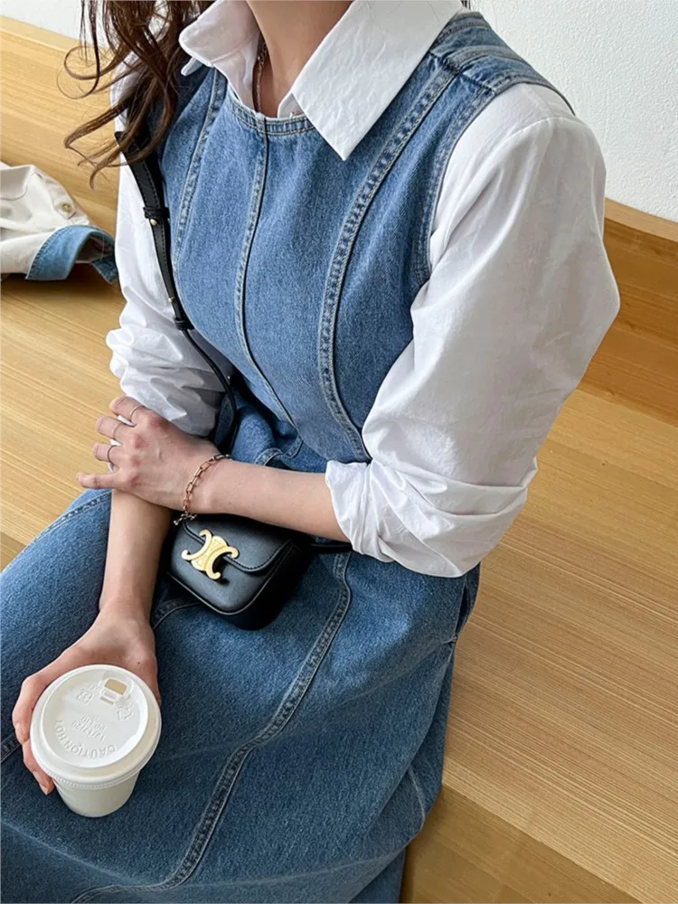 Denim Summer Sleeveless Vests Dress Women Slim Casual Fashion Ruffle Ladies Dresses Korean Style Pleated Woman Long A-Line Dress