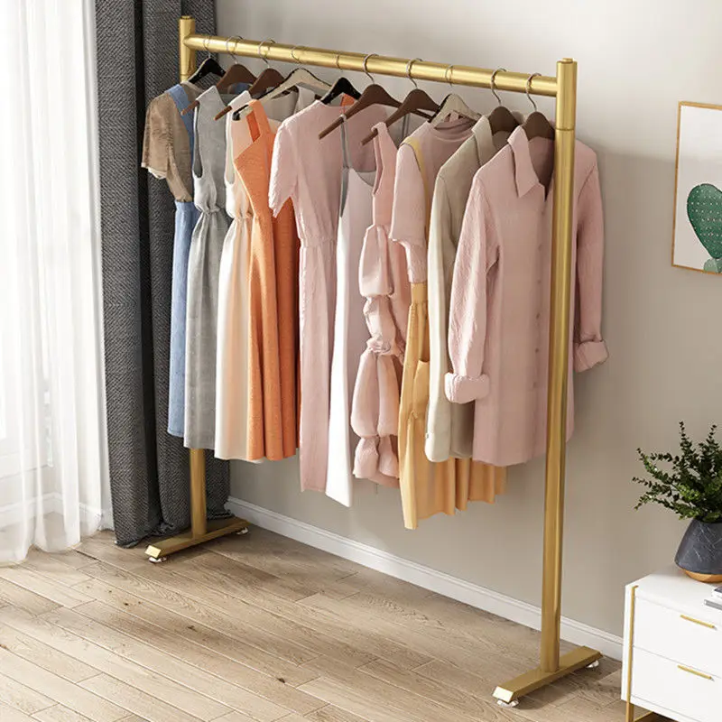 

Thickening Golden Hangers Floor Stand Coat Rack Clothing Metal Store Garment Standing Dress Bedroom Furniture Organizer Home