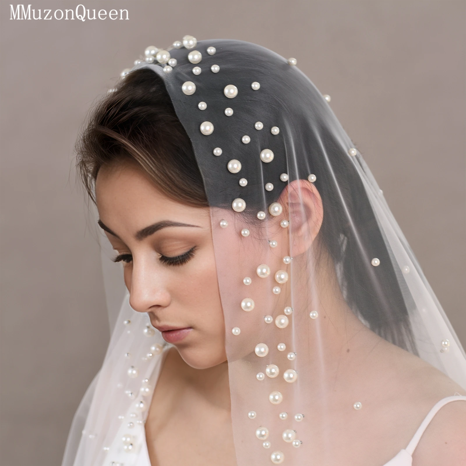

TOPQUEEN Pearl Velo De Novia Pearl Draped Bridal Veil Cathedral-Style Veil Accessoires Mariage Luxe No Comb Customizable V66