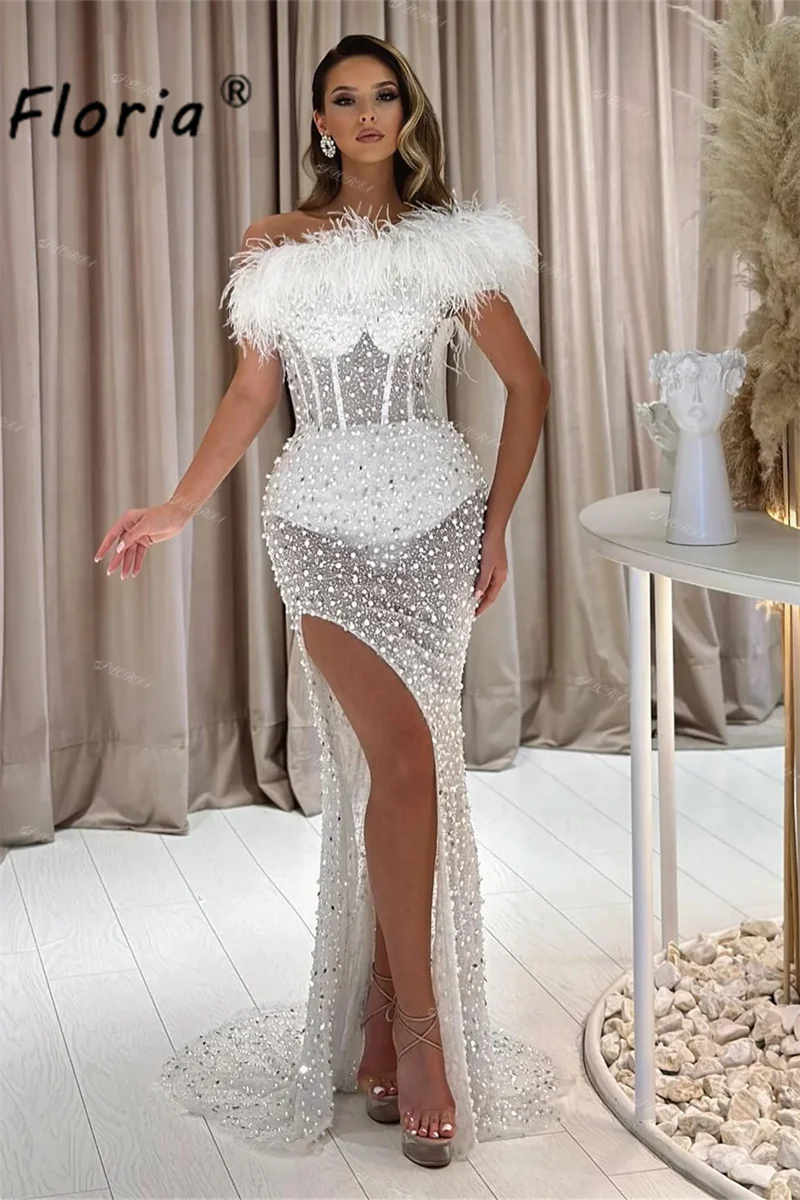 Glamorous Pearls Beaded Ivory Evening Dress Dubai Slit Feather Sweep Tail Mermaid Wedding Party Dress Sexy Bridal Gown Plus Size