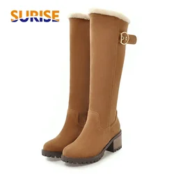 Winter Plush Knee High Boots Women Brown Grey Flock Round Toe Square Heel Casual Lady Zipper Buckle Fur Platform Long Snow Boots