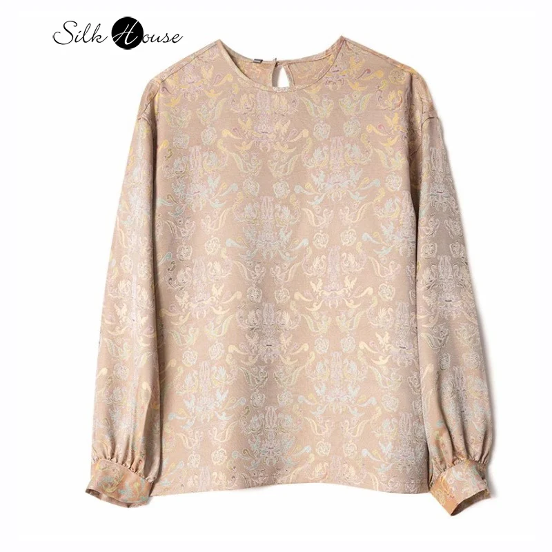 

2024 Women's Autumn Fashion New 100% Natural Mulberry Silk Different Color HuaLuo Retro Versatile Round Neck Long Sleeve T-shirt