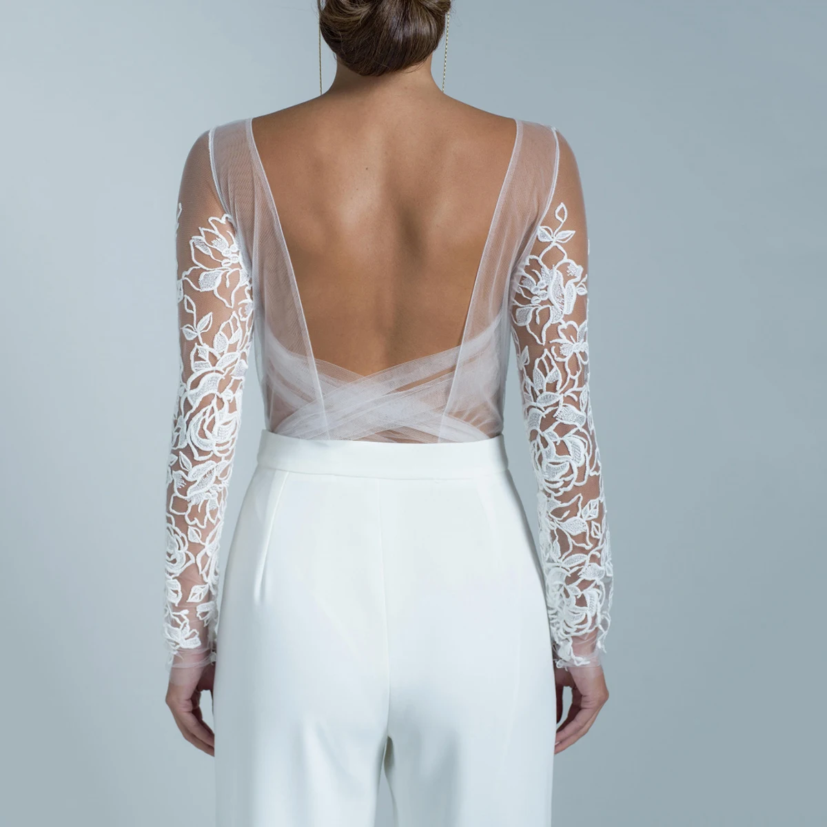 High Waisted Long Sleeves Floral Lace Trousers Crepe Customized Side Pockets Ankle Length Cross Illusion Tulle Wedding Jumpsuit