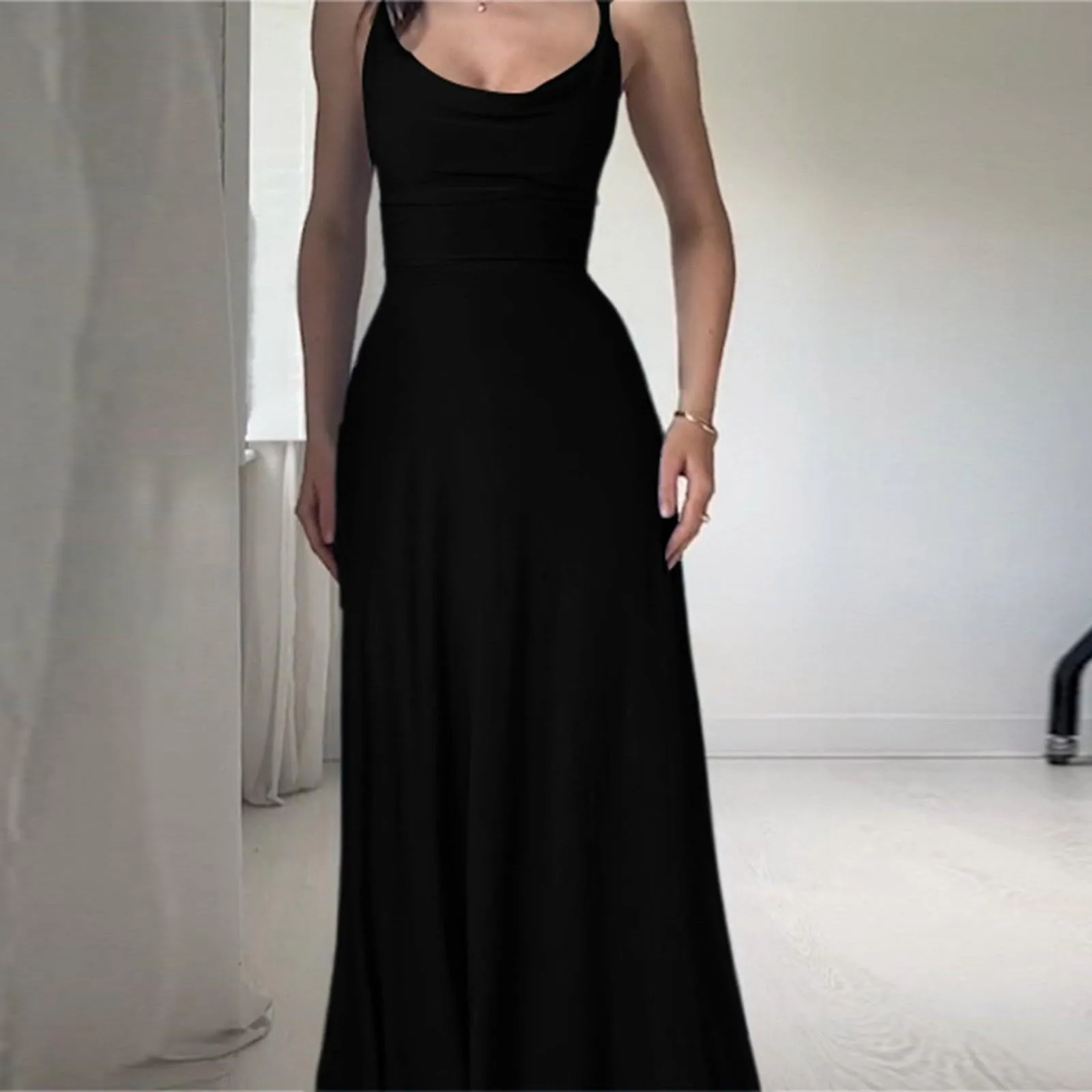 Black Slim Fit Strap Dress Women Autumn Elegant Waist Control Slimming Innerwear A- Line Long Dress Street Trend Comfortable