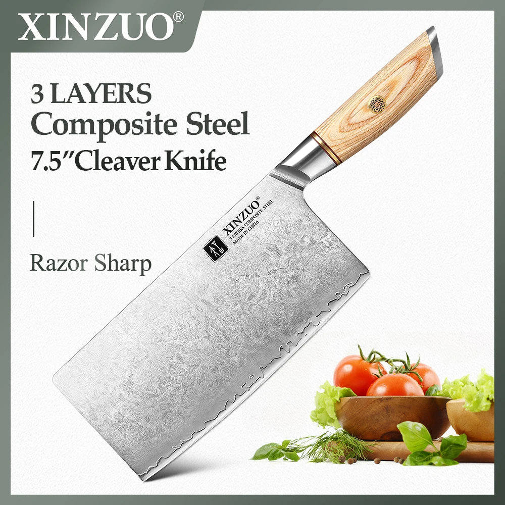 

XINZUO 7.5" Chinese Cleaver Knife 3 Layers 10Cr15CoMov Stainless Steel DIY Blade Chopping Knife With Japanese Pakkawood Handle