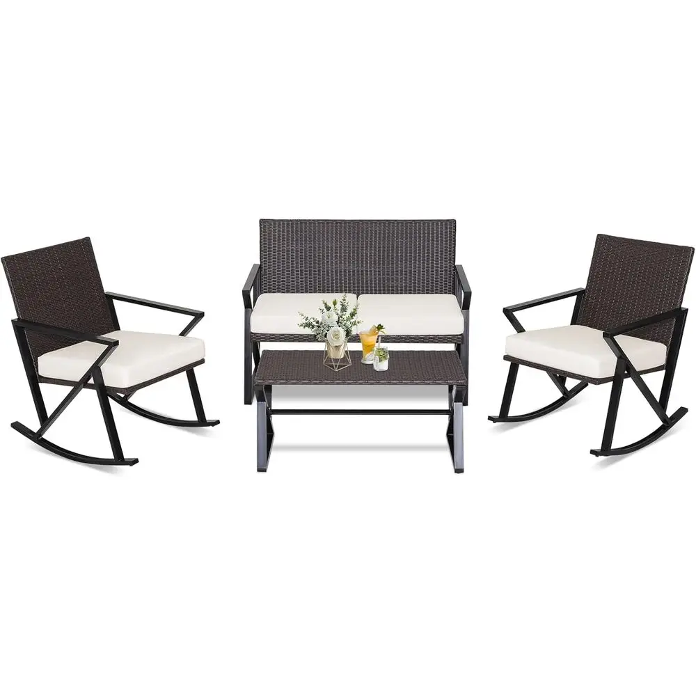 4-Piece Outdoor Wicker Rocking Chair Set with Loveseat, Table, and Cushions for Patio Porch
