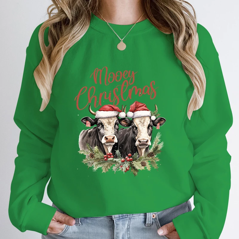 Cow Mooey Christmas Print Sweatshirts Autumn And Winter Long Sleeve Round Neck Casual Pullovers Women Loose Hoodless Sweatshirts