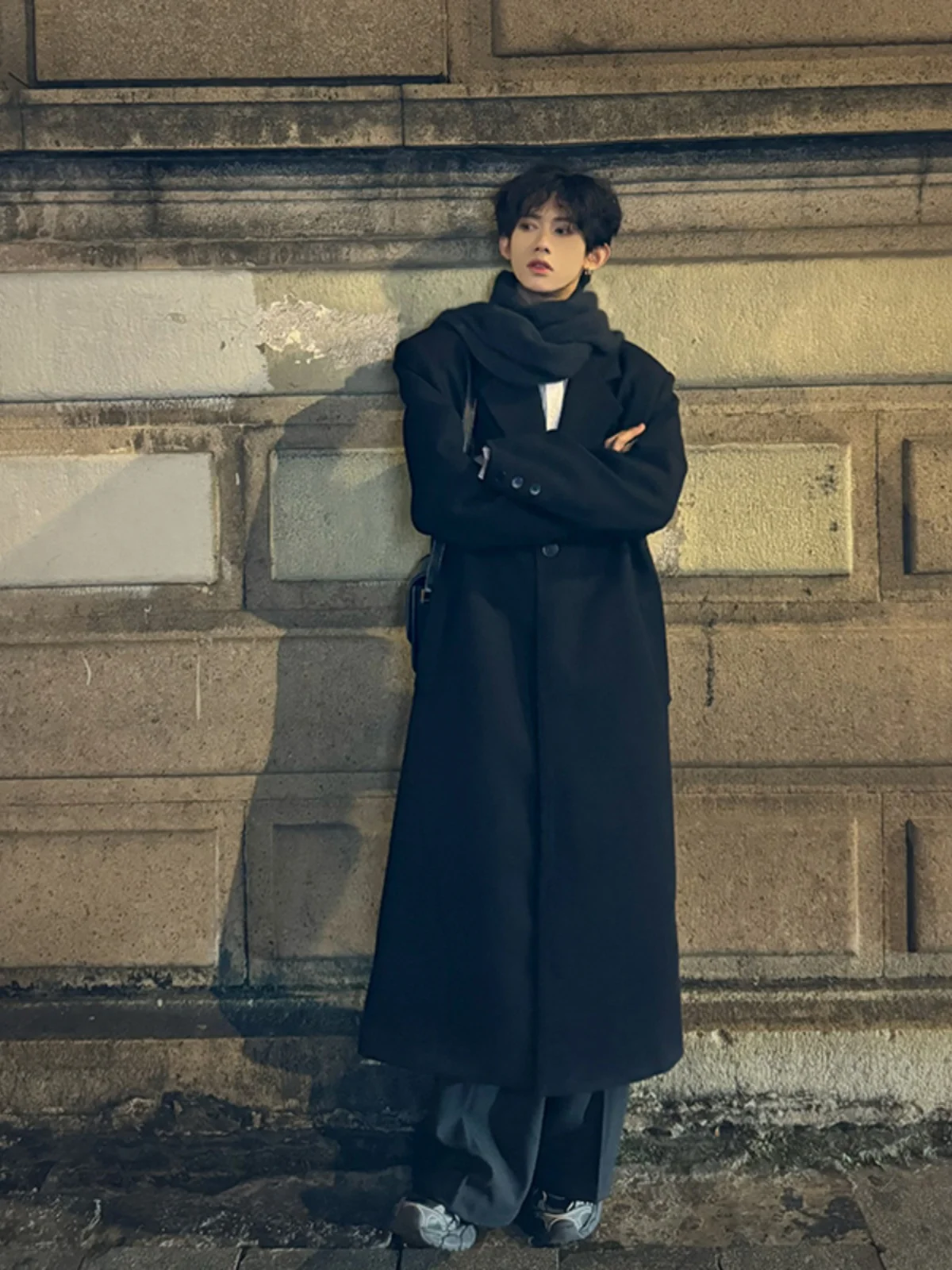 

Korean Style Men's Black Woolen Coat Autumn Winter Trendy British Style Medium Length Windbreaker Special Wide Cut Polyester ...