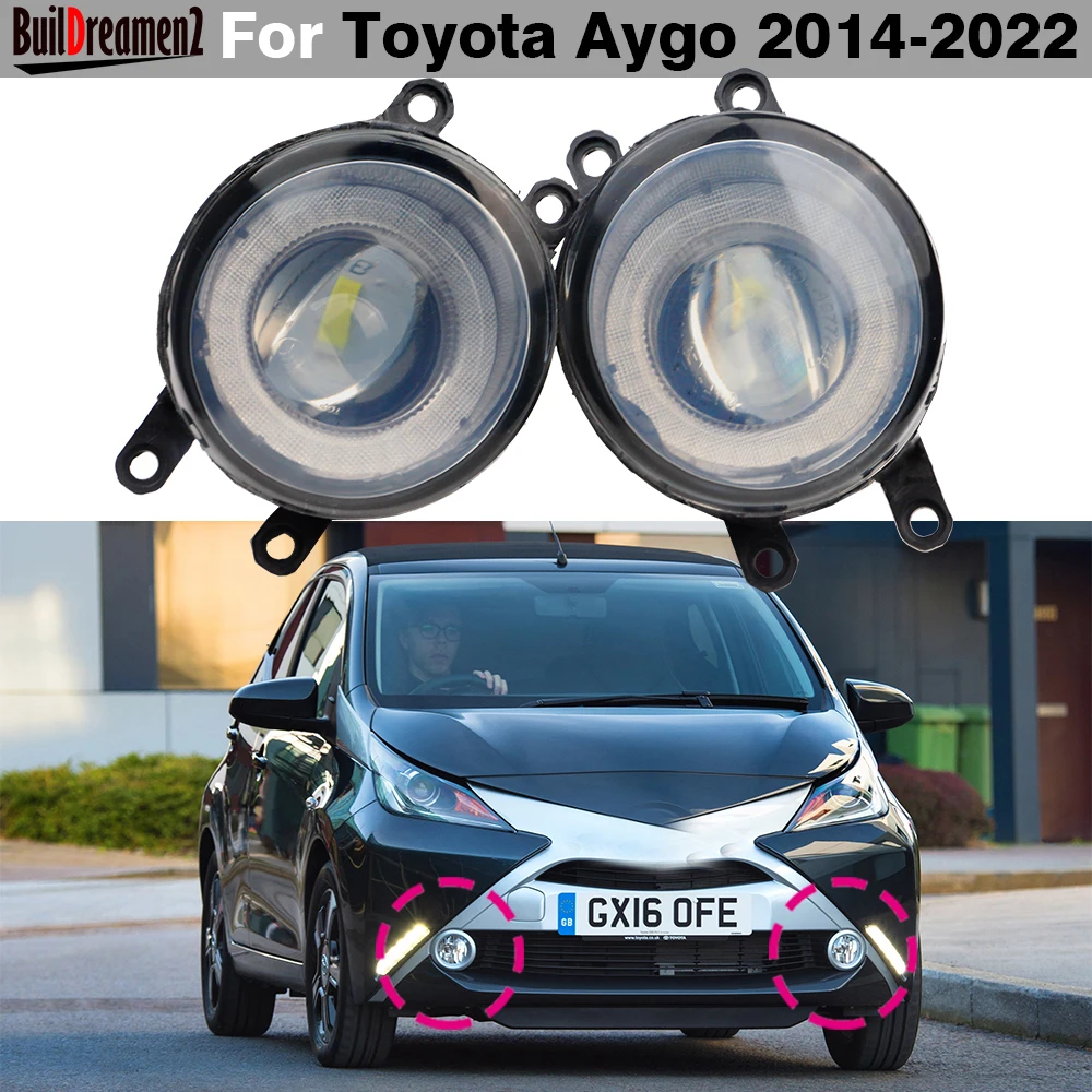 2 X Angel Eye Car Glass Lens LED Fog Light Daylight DRL Assembly For Toyota Aygo 2014 2015 2016 2017 2018 2019 2020 2021 2022