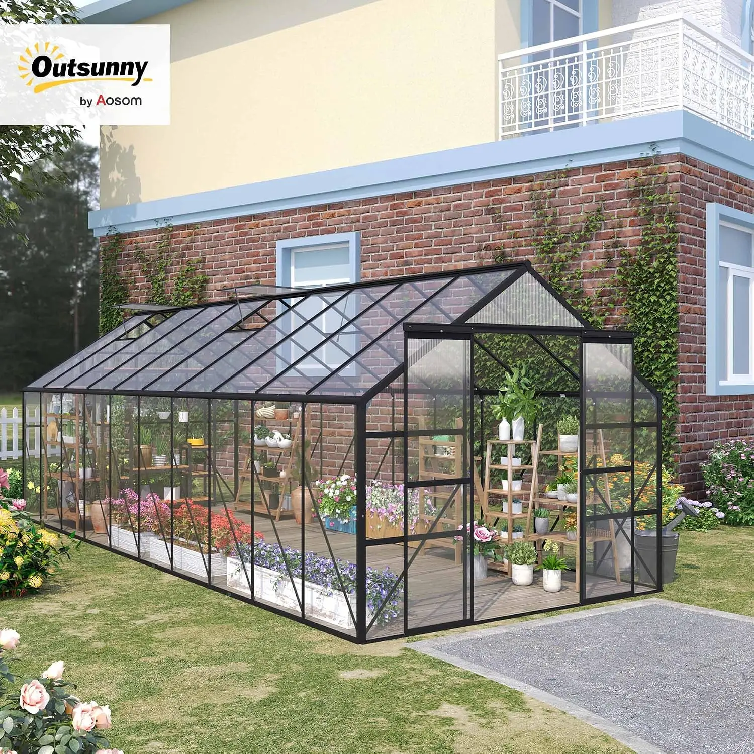 Garden Greenhouse Kit, Adjustable Roof Vent, Rain Gutter, Sliding Door, Backyard, Patio, Customized