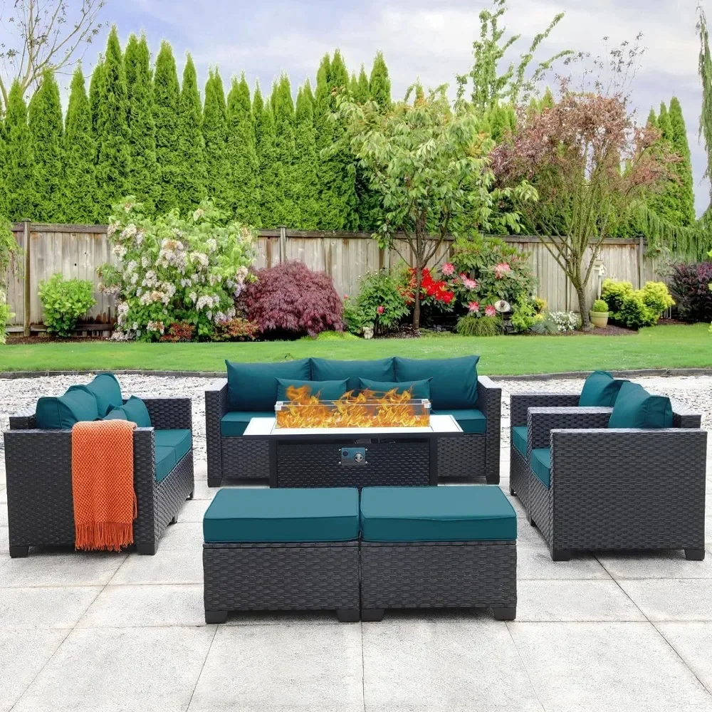 patio furniture set 45 inch outdoor fire pit 7 pieces outdoor furniture set patio sofa outdoor chair , peacock blue