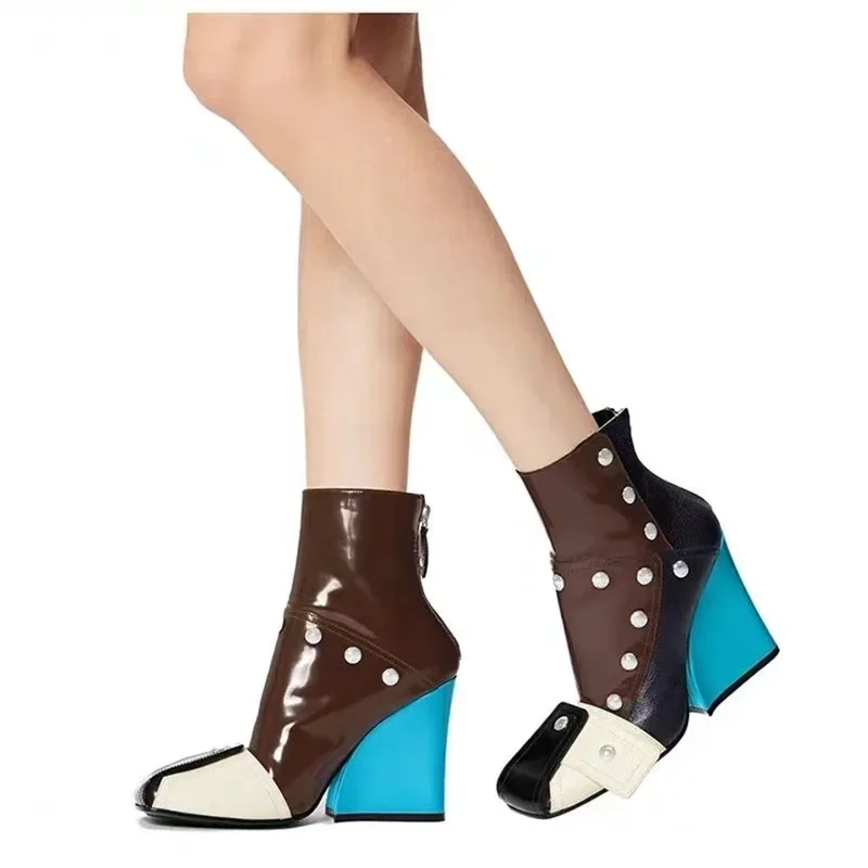 2026 Autumn Winter New Boots Wedge Thick Heel High Heel Square Toe Back Zipper Catwalk Mixed Color Short Boots Women's Boots - view 2