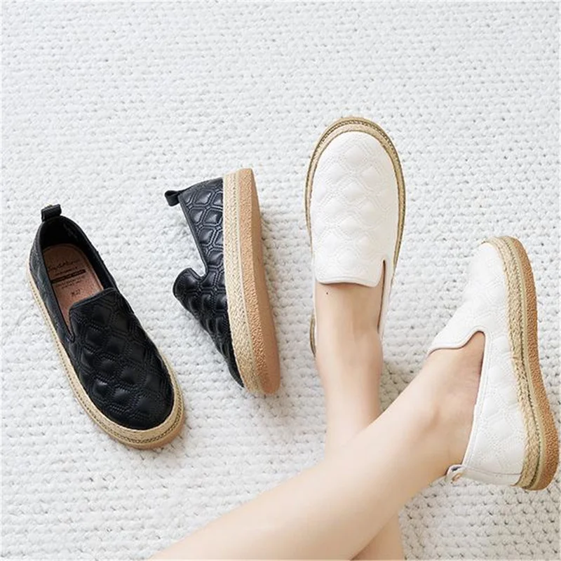 

J&M Women Loafers Fashion Fisherman Shoes Espadrille Lady Summer Leather Flats Breathable Shoes Slip-on White Black Casual Shoes