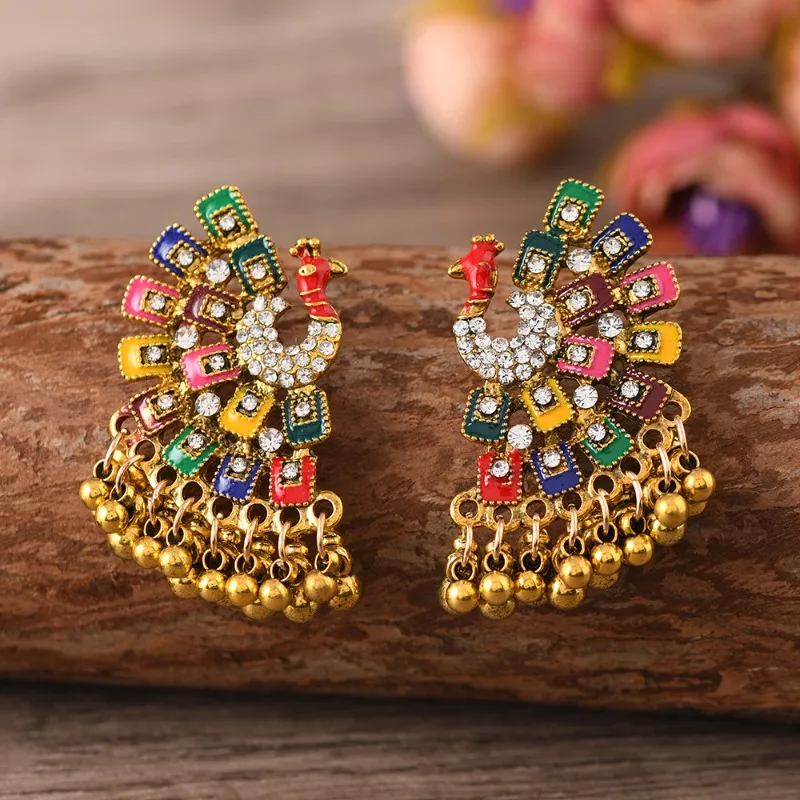 

Ethnic style peacock shaped inlaid rhinestone earrings, retro colored tassel women's party accessories