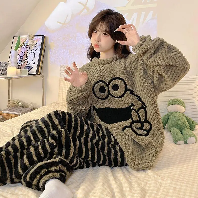 Kawaii الكرتون المرأة بيجامة الخريف الشتاء المرجان الصوف Pj مجموعة الفانيلا الدفء ملابس خاصة رشاقته ملابس النوم فتاة لطيف Homewear