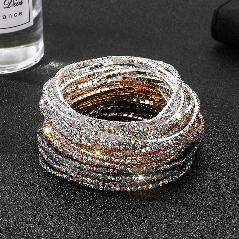 5Pcs/Lot Elastic Crystal Bracelets 2mm Charming Gold Color Crystal Rhinestones Metal Bangle Bracelet Jewelry DIY Gift for Summer