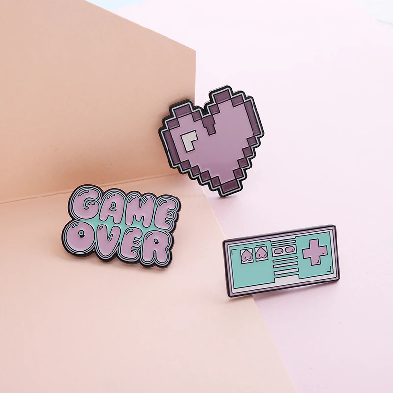 GAME OVER ! Cute Cartoon Pixel Gamepad Heart Pink Purple Brooches Denim Pin Shirt Badge Enamel Pins Gift for Friends Wholesale