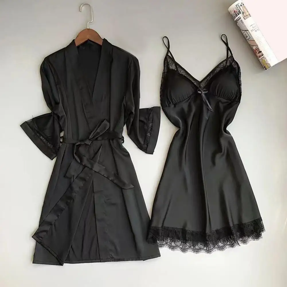 New Two Piece Set Of Satin Silk Pajamas For Ladies Solid Color Lace Edge Sexy Fashion Robes And Suspender Sleepwear Dress