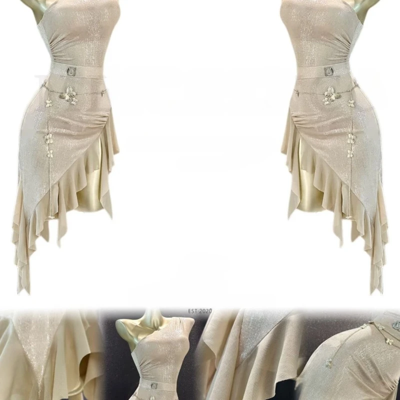 Sexy Latin Dance Kleid Anzug Frauen Off-the-schulter Taille Kette Rock Samban Rumba Salsa Dance Training Leistung sey Kostüm