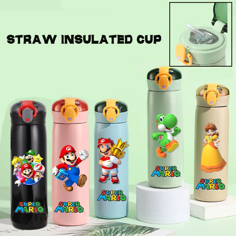 Super Mario Bro Straw Thermal Cup Bouncing Children's 460ml Cup Luigi Spots Portable Stainless Steel Bottle Kids Gifts