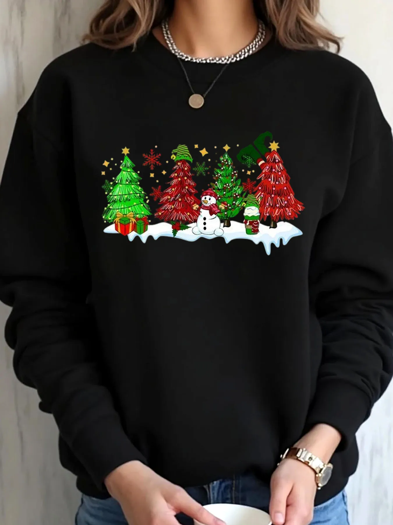 

Женская толстовка большого размера с принтом рождественской елки и снеговика, уличная одежда