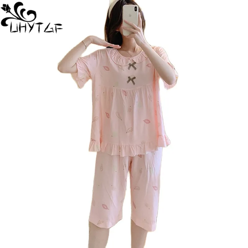 UHYTGF-Pijama de algodón con estampado para mujer, ropa fina de seda para el hogar, conjunto de dos piezas para mujer, camisón dulce para estudiante, 2474