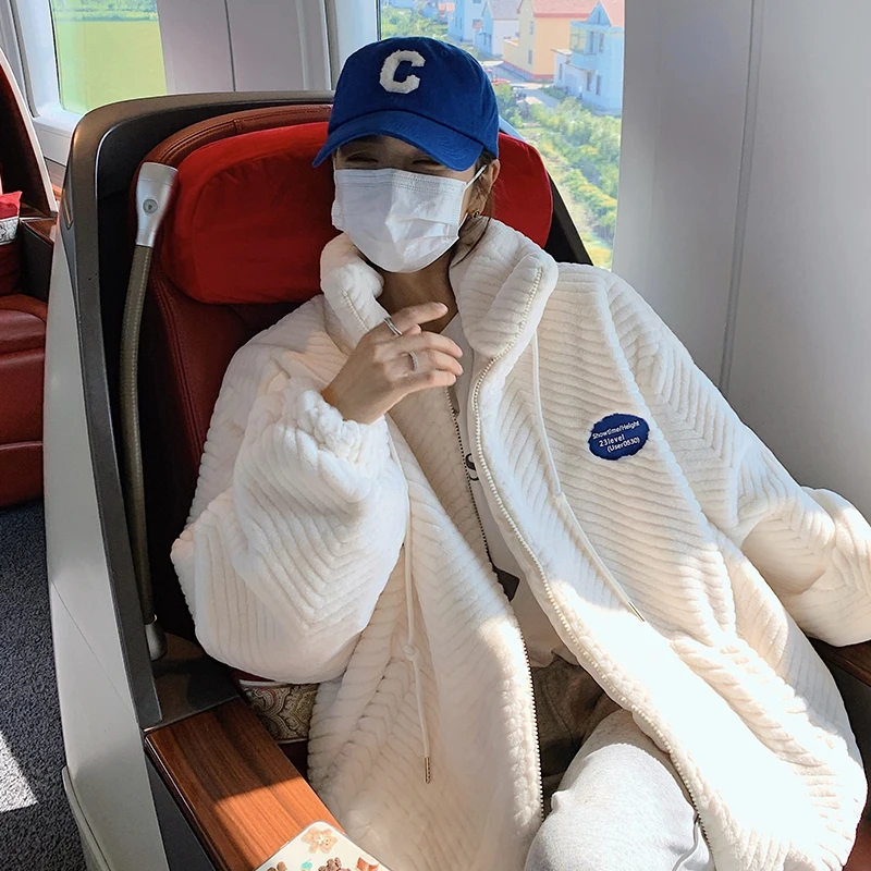 ラムファージャケット レディース 秋冬 サーマル プルオーバー フード付きスウェットシャツ ゆったり冬用コート スタンドカラー ジップアップ ロング丈