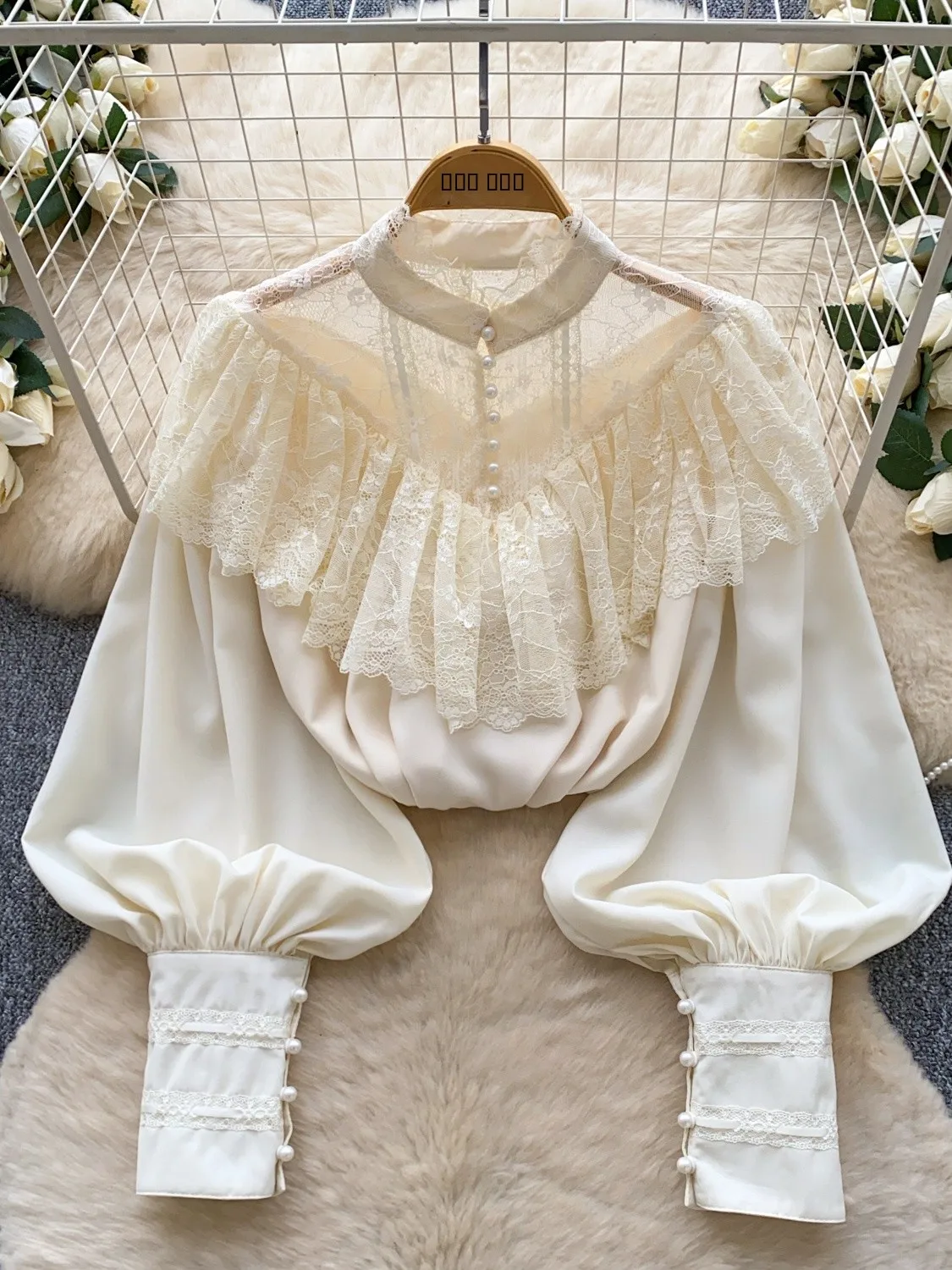 

Gentle Wind Lace Splice Long Sleeve Shirt Women's Korean Loose Quality Lace Hem Drawstring Commute Top Breathable Skin-Friendly