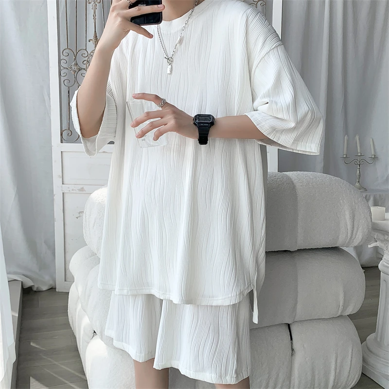 Plus Size 5XL-M High Quality Wave Pattern Drape Loose Casual Men's Sets Simple Short Sleeve Ice Silky Summer T Shirts + Shorts