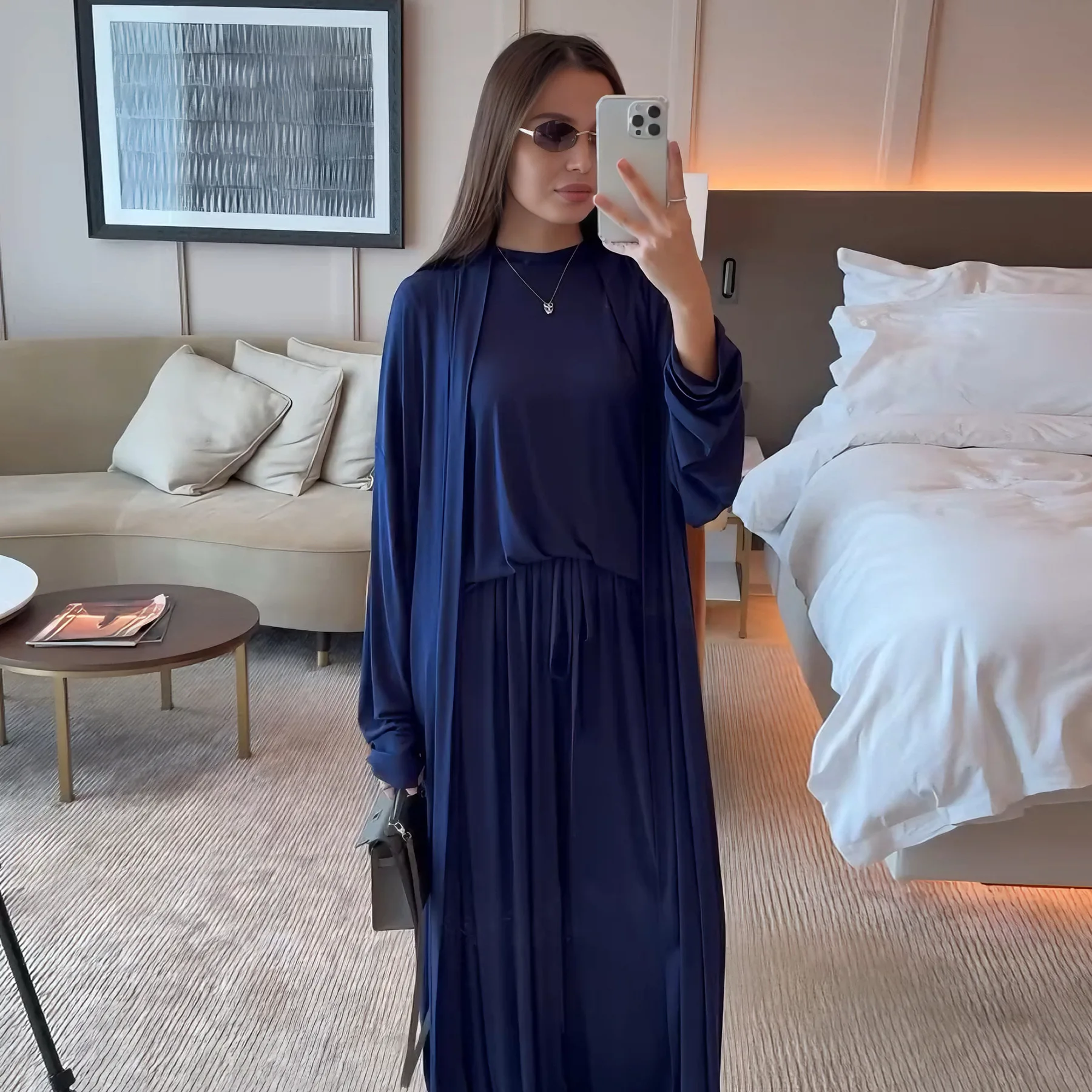 Hurtownia, szyte na miarę, islamskie, tureckie, dubajskie, oddychające, ręcznie robione, skromne sukienki damskie muzułmańskie z bawełny modalnej, 3-częściowe.