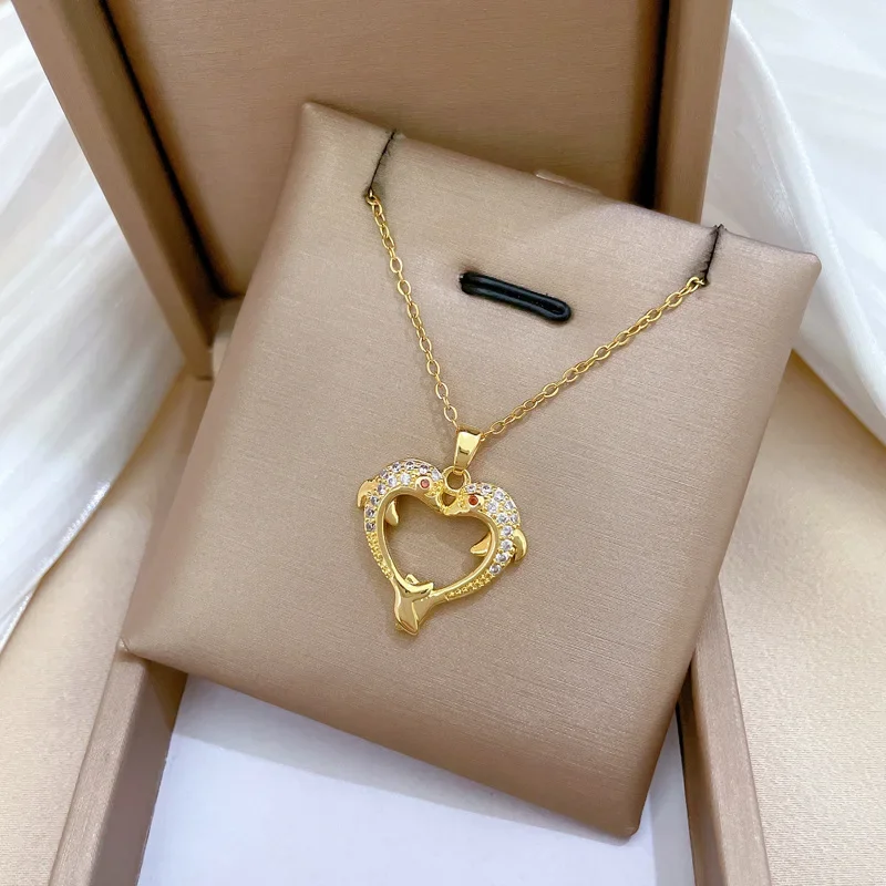 Stainless Steel Chain Necklace Romantic Double Zircon Dolphin Love Heart Pendant Necklaces for Women Jewelry Gifts for Lover